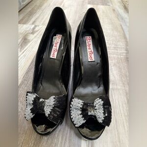 2 Lips Too Black Peep Toe Heels with BLK/WHITE Sequin‎ Bow 11